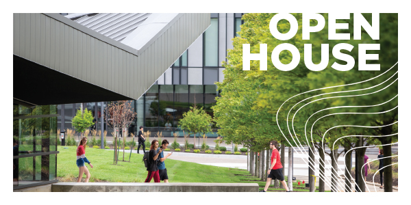 Picture of campus with students working with white text that say Open House